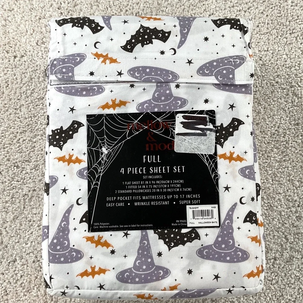Mellow & Mod Halloween Full Sheet Set 4pc Witch Hat Bats Stars Purple Orange NEW